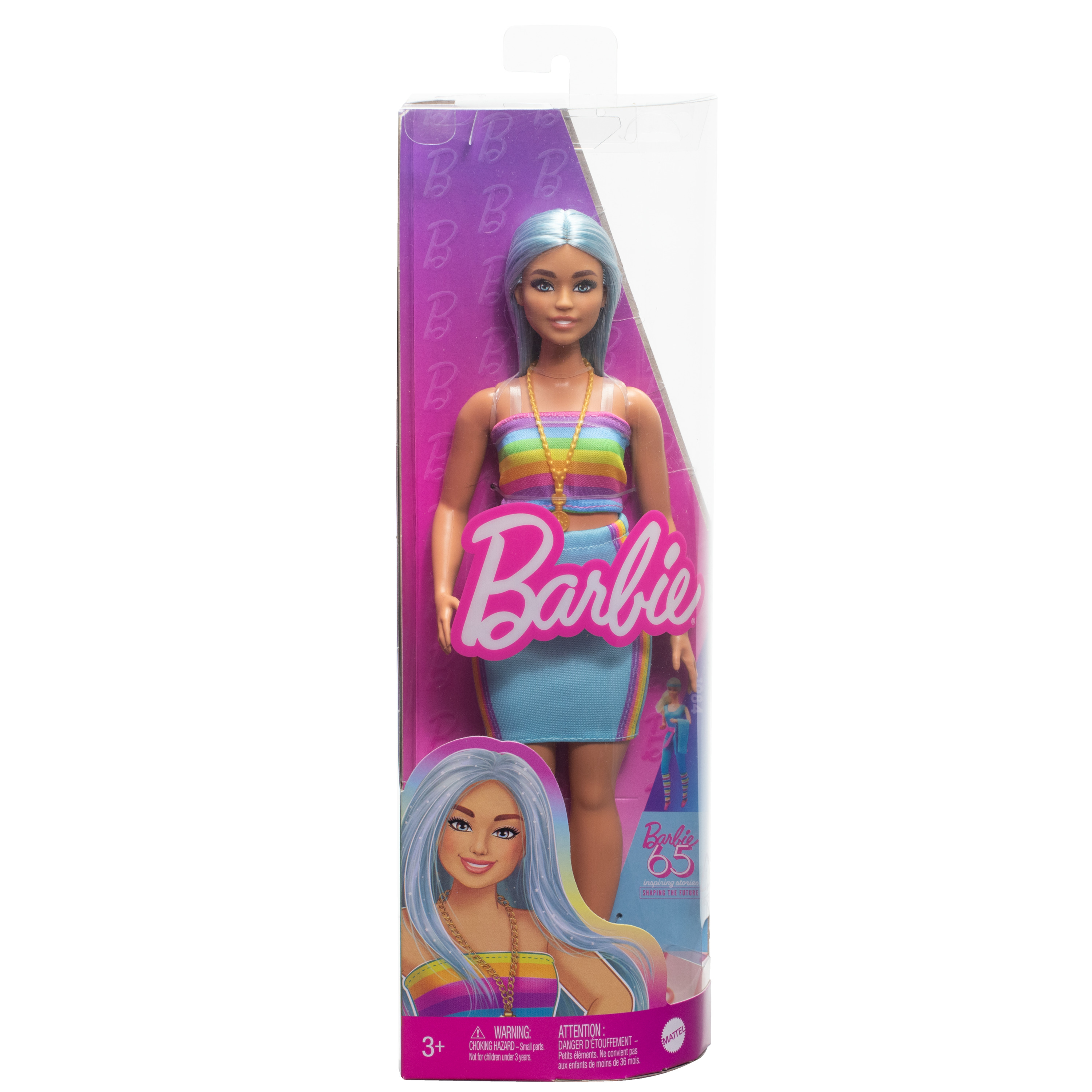 Bambola Barbie in outfit arcobaleno in blister trasparente con logo Barbie.