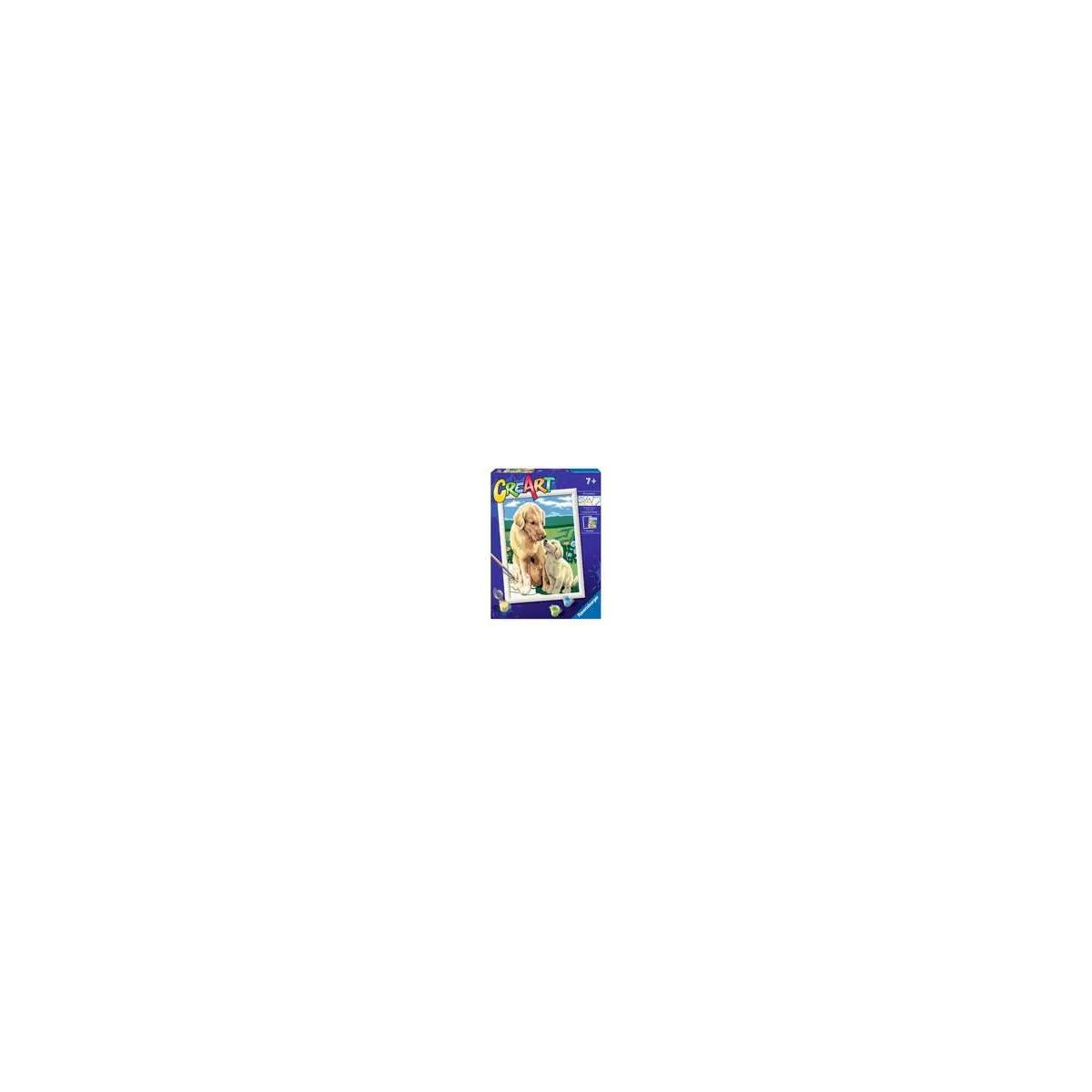 Scatola CreArt con due golden retriever, uno adulto e un cucciolo, forniture per pittura.