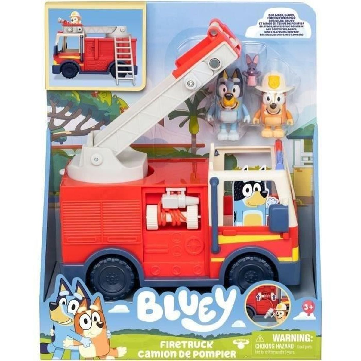 Un giocattolo di camion dei pompieri rosso di Bluey con figure e scala.