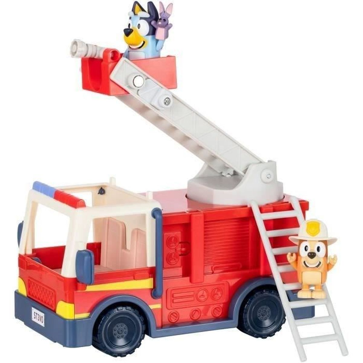 Un camion dei pompieri giocattolo rosso con personaggi Bluey e Bingo, scala e cannone ad acqua.