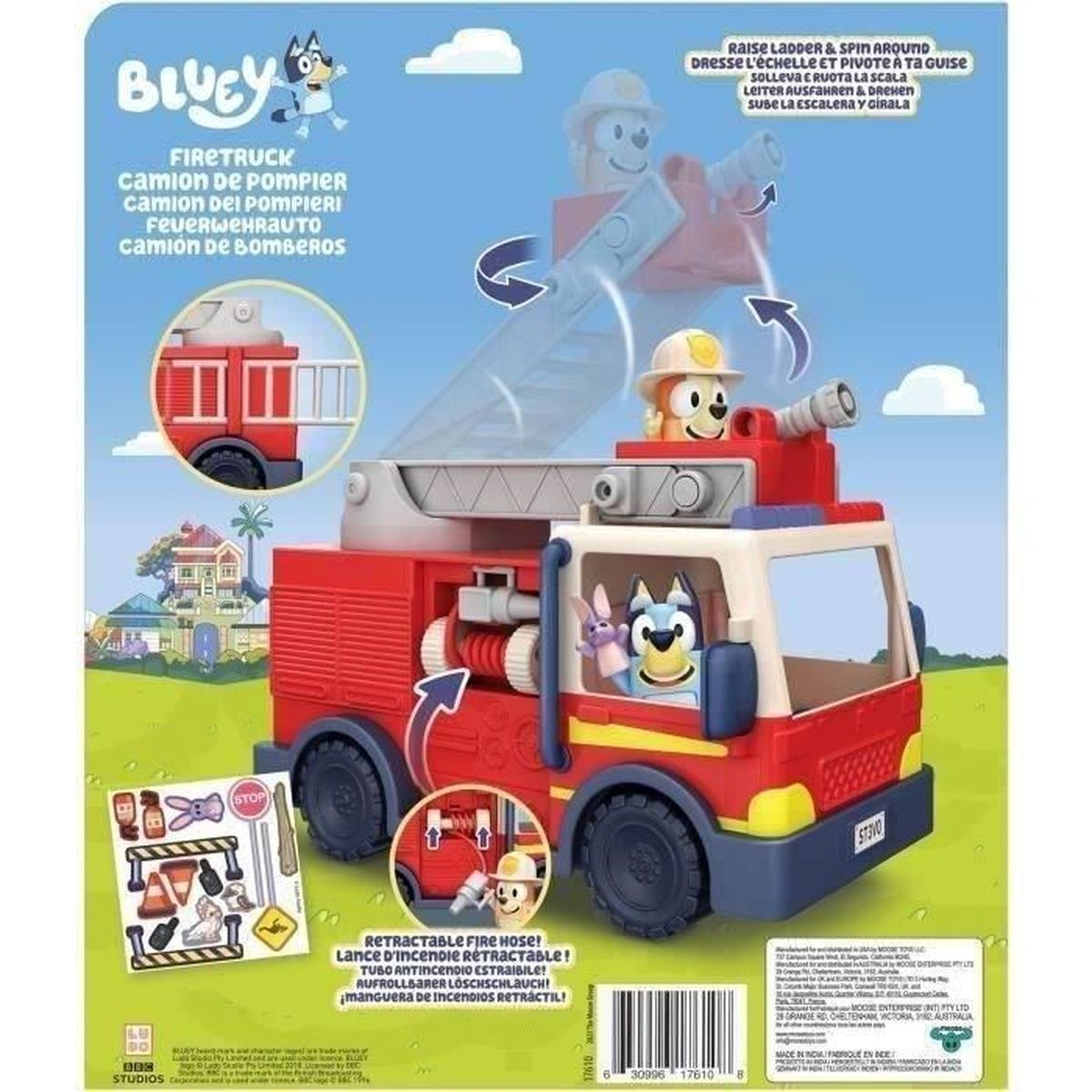 Giocattolo autopompa Bluey con figure. Camioncino rosso, scala e accessori.