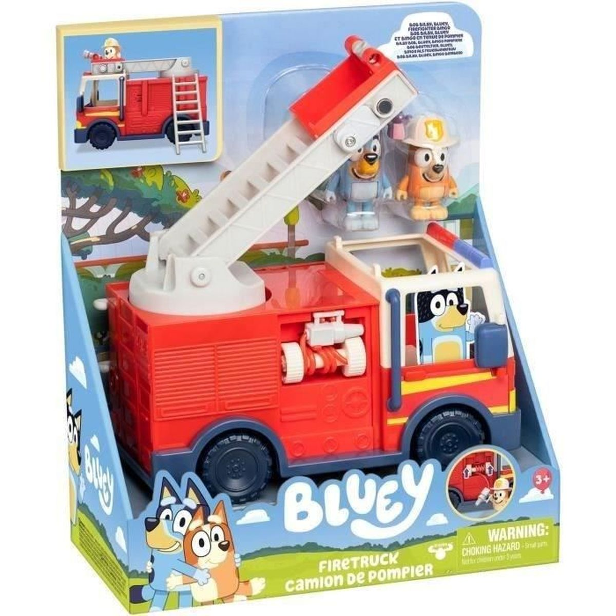 Giocattolo camion dei pompieri Bluey con scala e figure. Personaggi Bluey e Bingo sulla scatola.