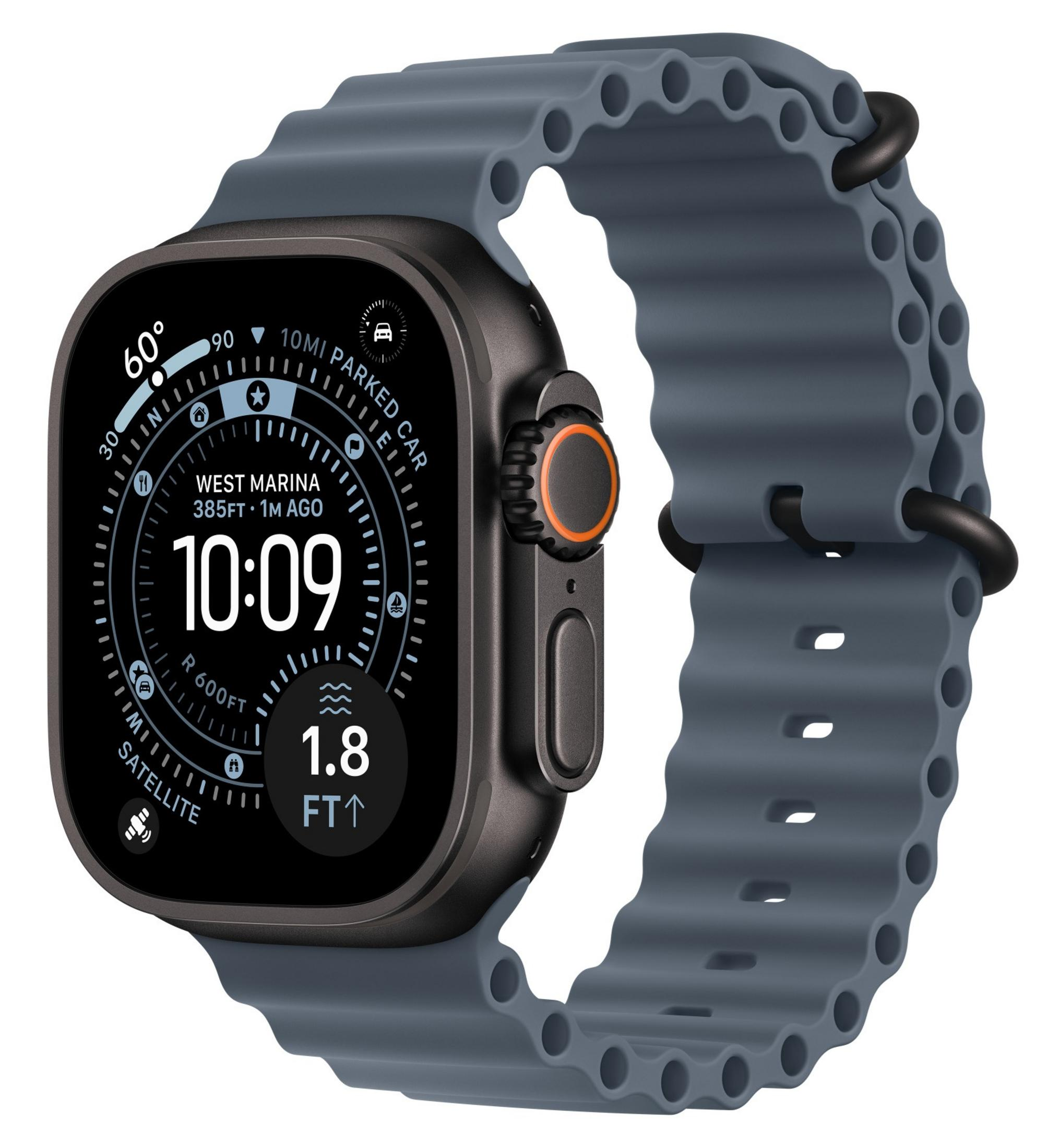 Eine graue Smartwatch mit dunklem Zifferblatt, die 10:09 Uhr und Outdoor-Metriken anzeigt.