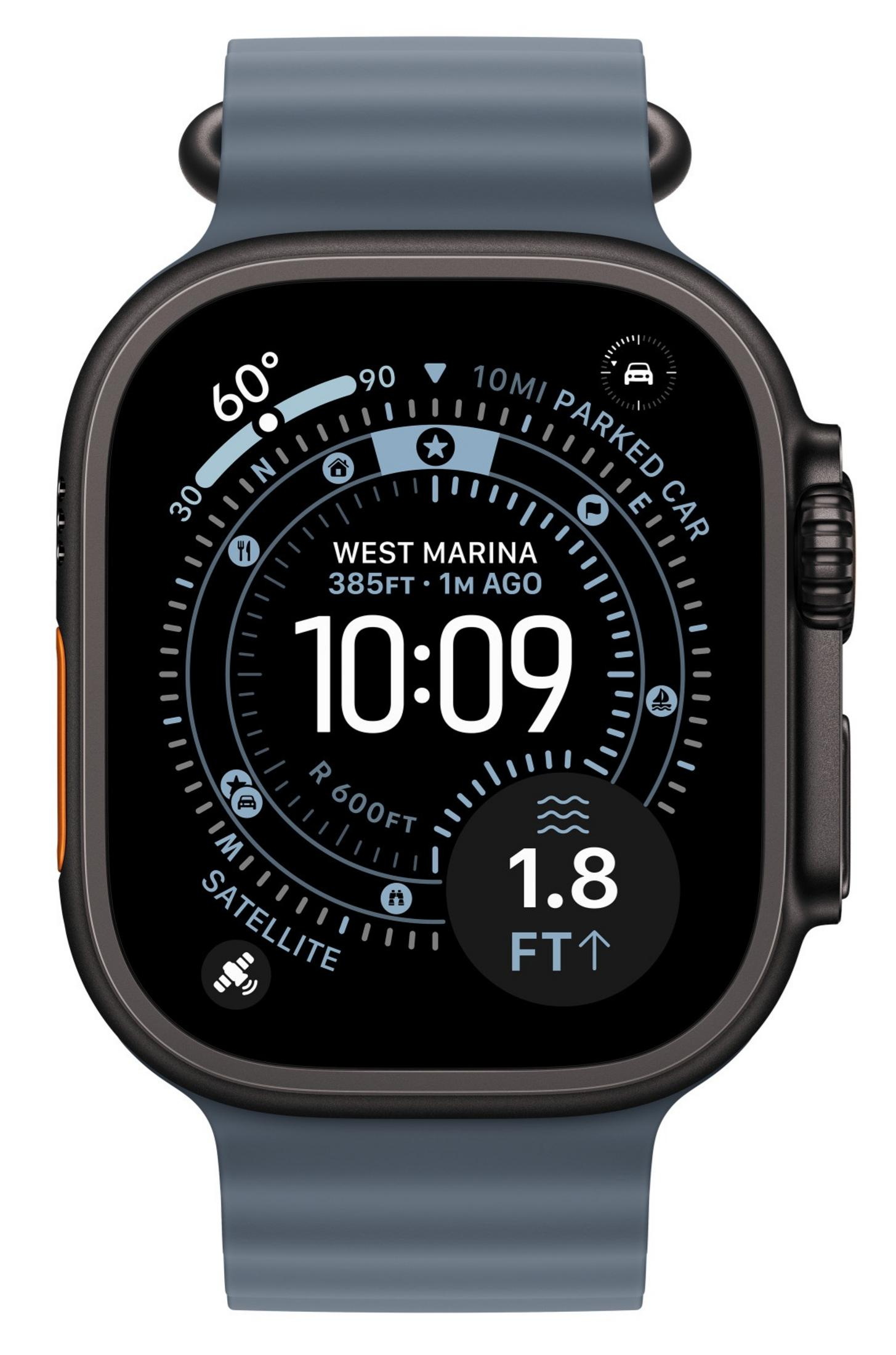Apple Watch Ultra zeigt 10:09 Uhr, 1,8 FT Höhe, Kompass und Parkplatzentfernung.