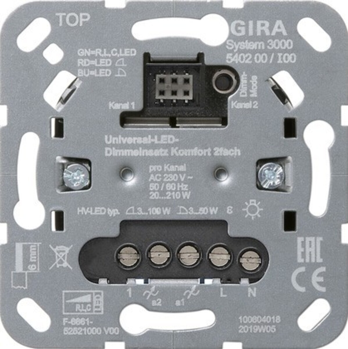 Retro di un dimmer GIRA System 3000 con etichette e morsetti di collegamento.