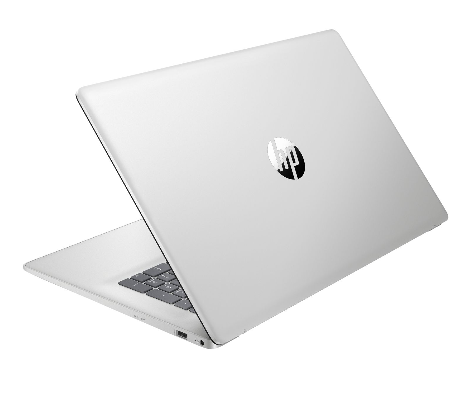Srebrny laptop HP z podświetlanym logo na pokrywie i klawiaturze.