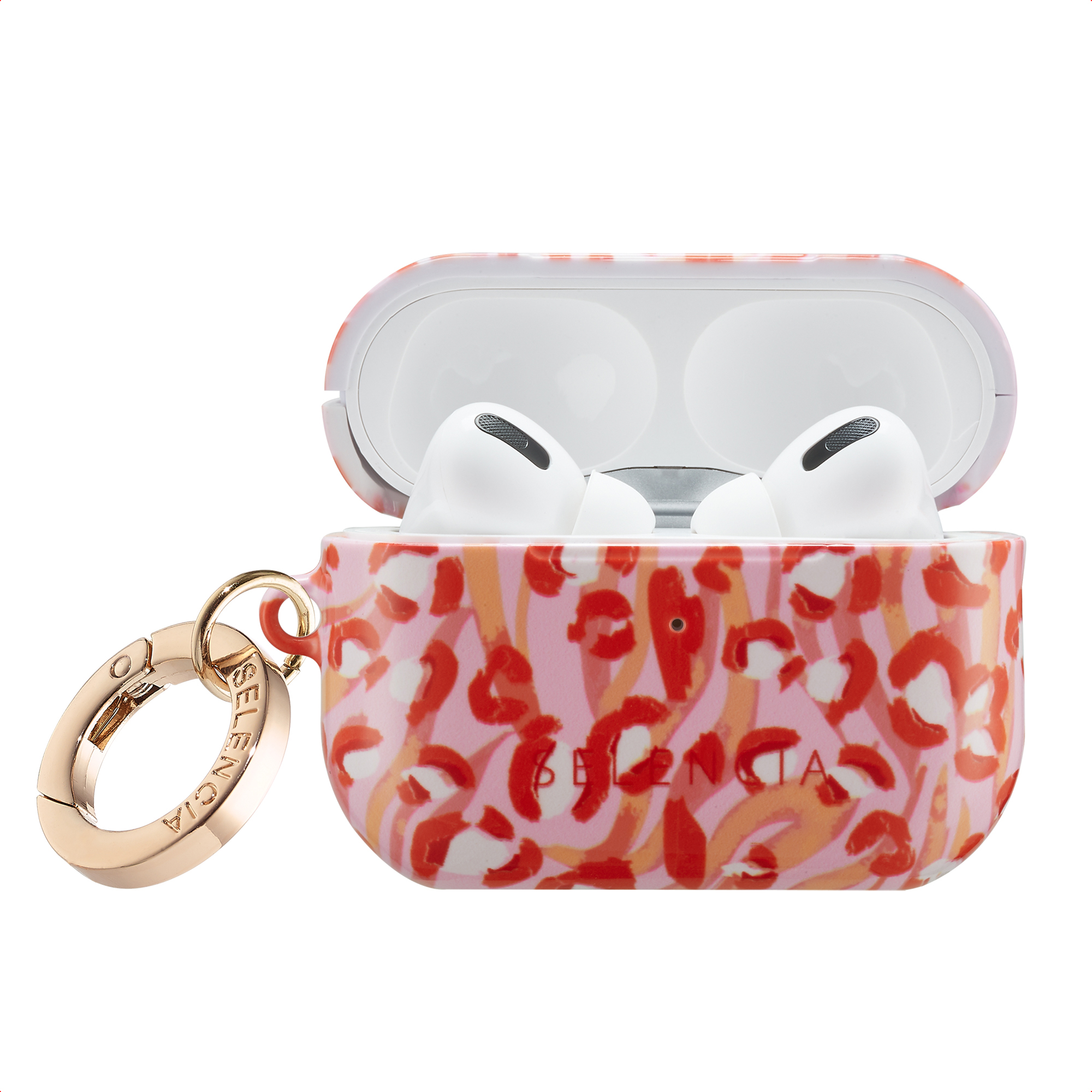 Custodia rosa leopardata con AirPods Pro bianchi e portachiavi dorato.