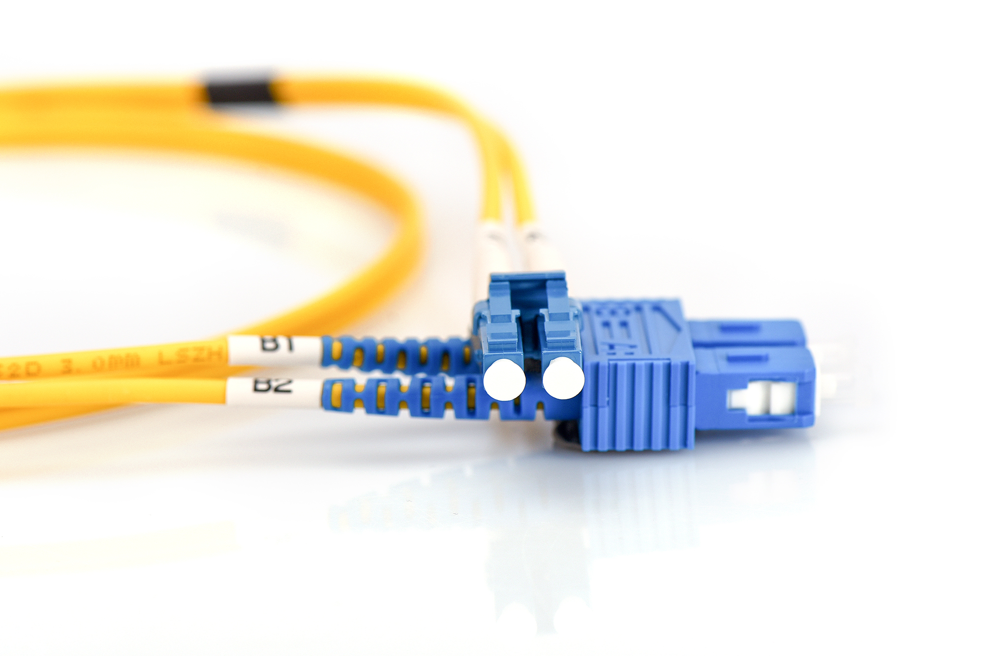 Primo piano di un connettore SC in fibra ottica blu con cavi gialli. Sfondo bianco.