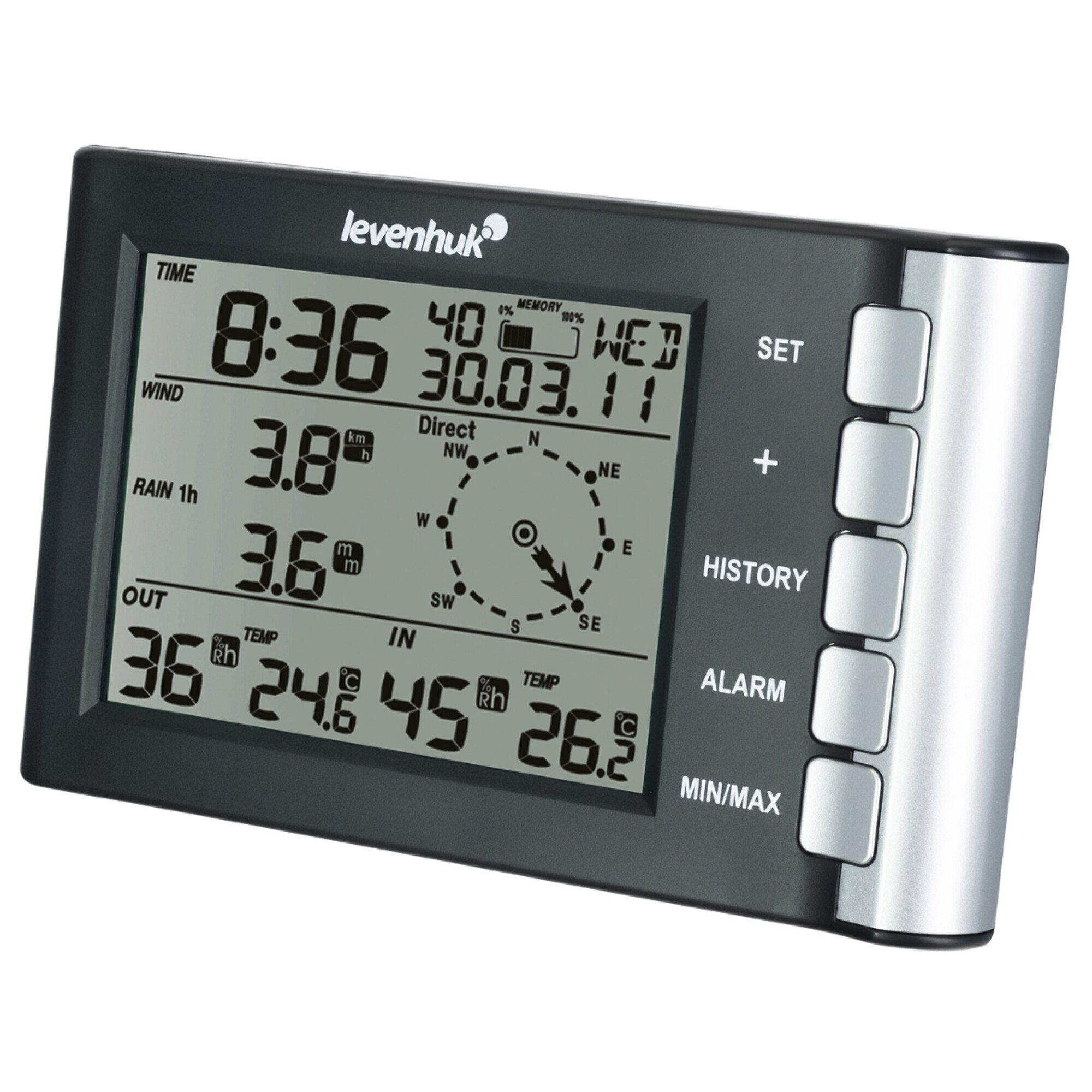 Eine Levenhuk Wetterstation zeigt Zeit, Wind, Regen, Außen-/Innentemperatur, Feuchte, Kompass.