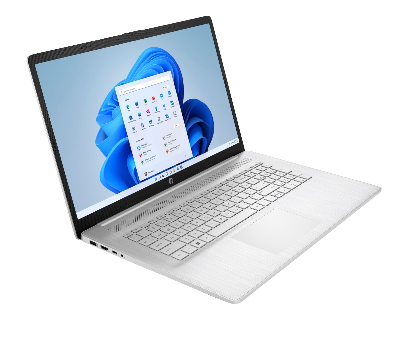 Laptop HP argento con menu Start di Windows 11 aperto.