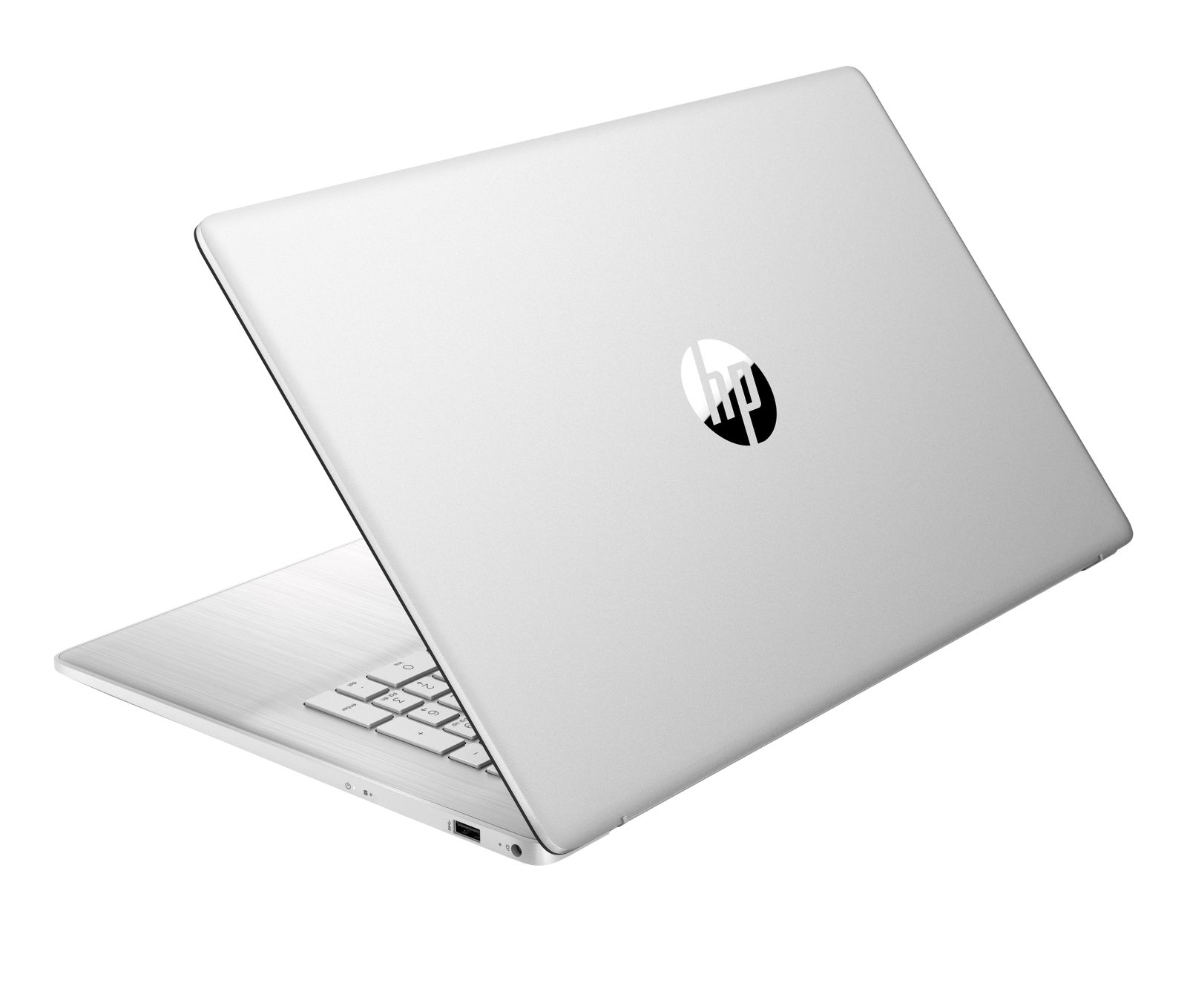 Un laptop HP argentato aperto mostra la tastiera e il logo sul coperchio.