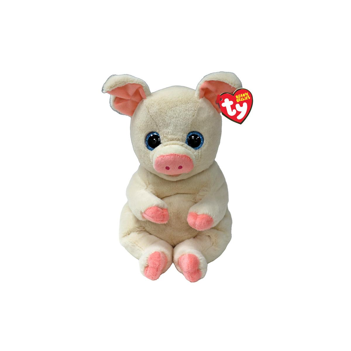 Un maialino di peluche con grandi occhi blu, muso rosa e accenti rosa su piedi e orecchie.