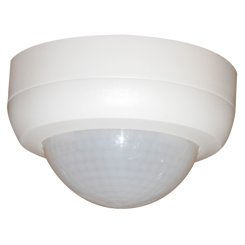 Un rilevatore di movimento da soffitto bianco con lente a cupola.