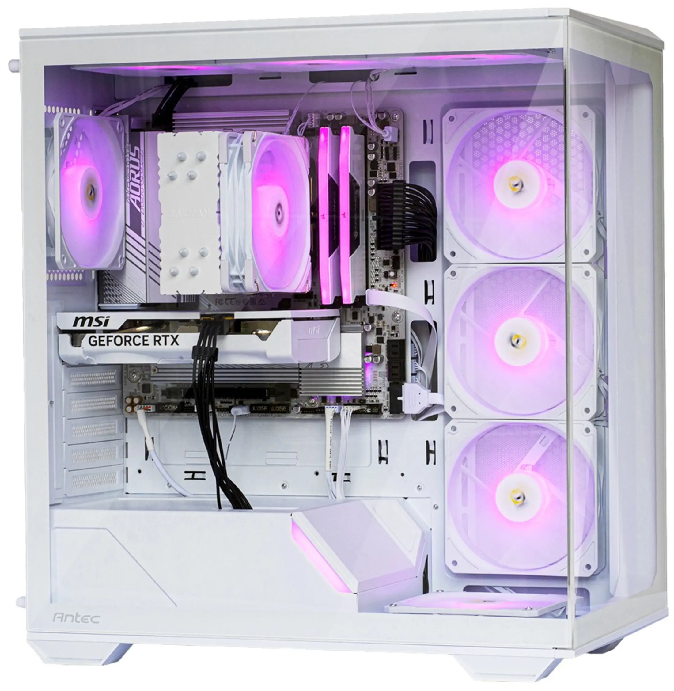 A white PC case with pink RGB lighting, fans, and MSI graphics card visible.
