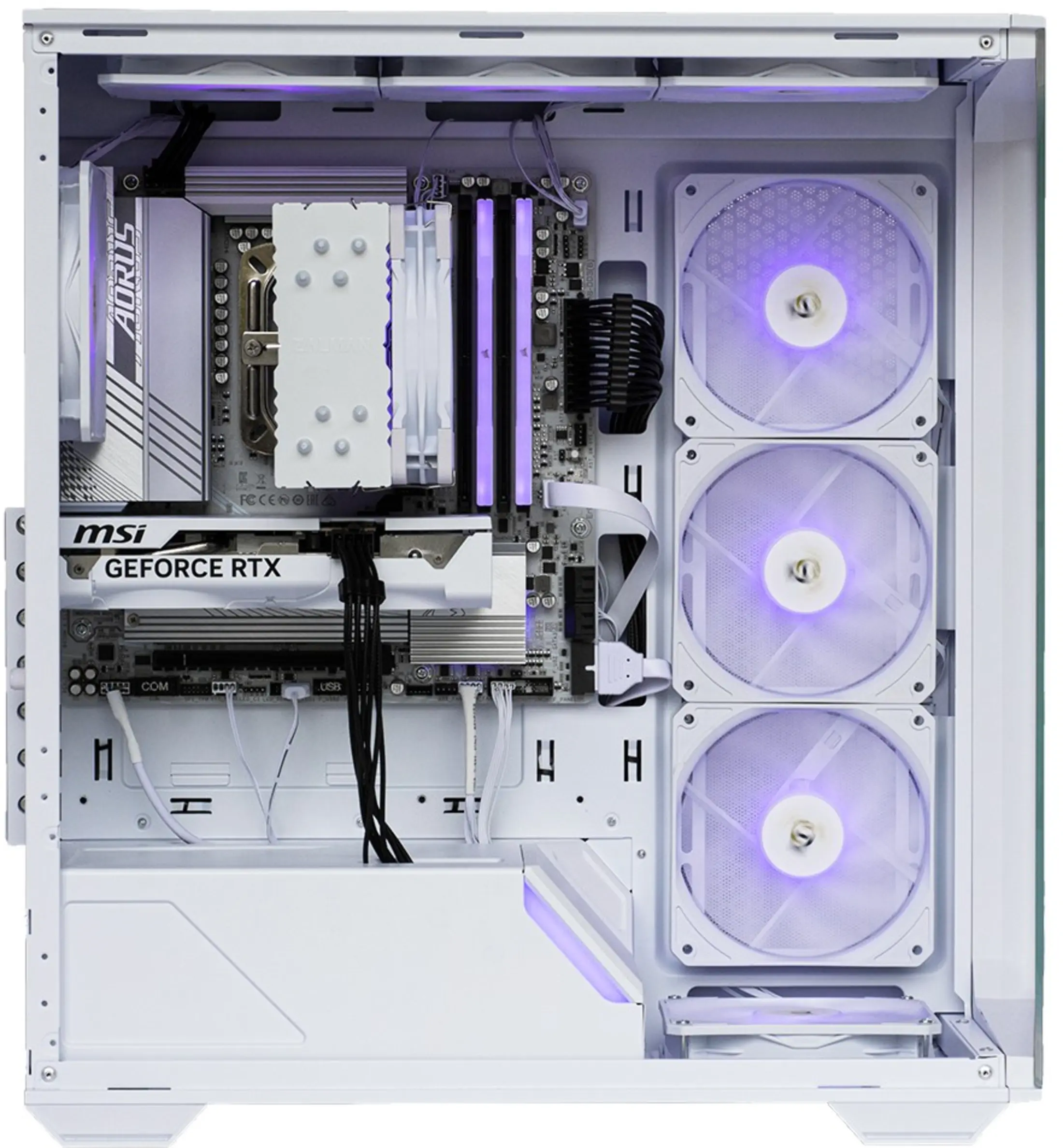 White PC case with internal components, including fans with purple light.