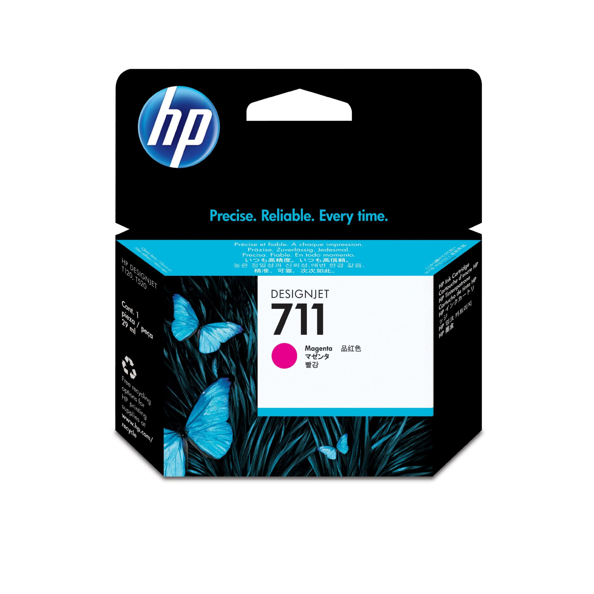 Cartuccia d'inchiostro HP Designjet 711 magenta con farfalle blu.