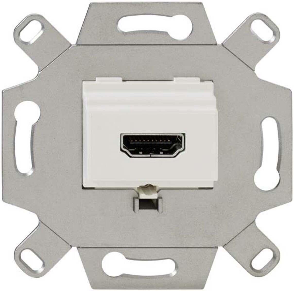 Una porta HDMI bianca è montata su una piastra metallica spazzolata con fori per viti.