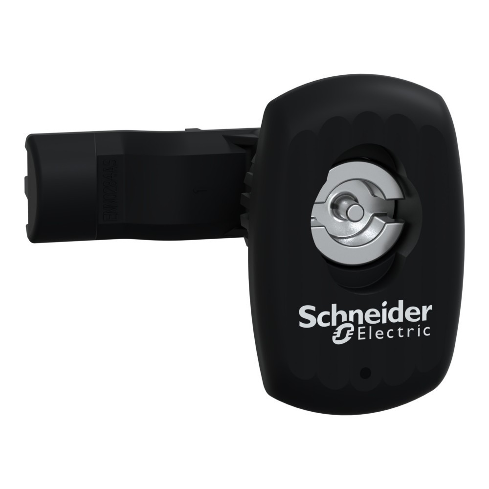 Interruttore elettrico nero con inserto rotante argentato e logo Schneider Electric.