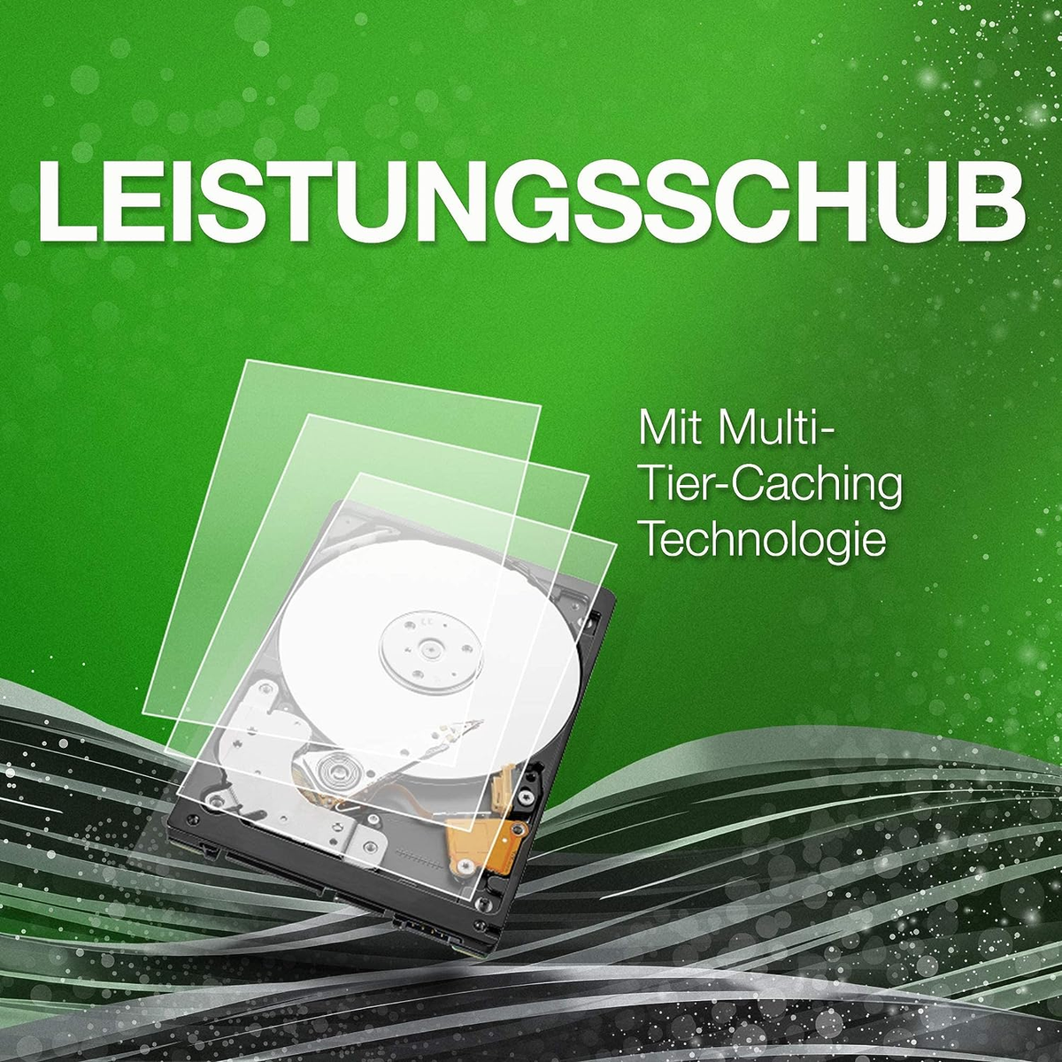 Hard disk interno con strati trasparenti e testo 'LEISTUNGSSCHUB'