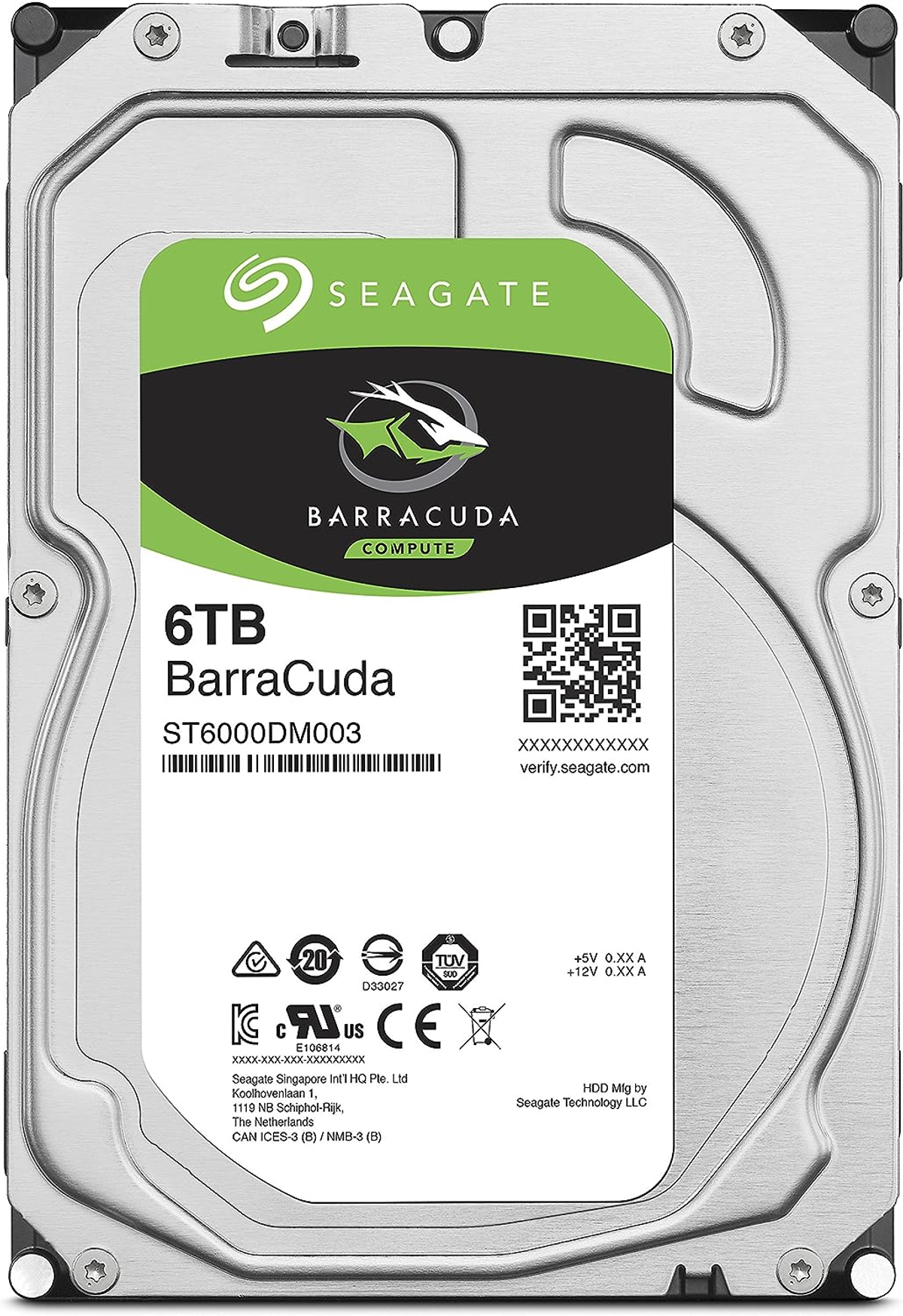 Hard disk interno Seagate 6TB Barracuda Compute con codice QR e certificazioni.