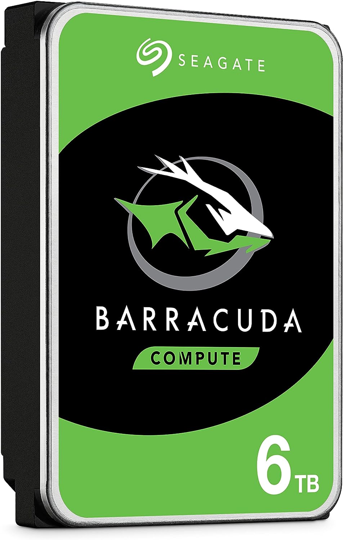 Hard disk interno Seagate Barracuda da 6TB con accenti verdi e logo pesce.