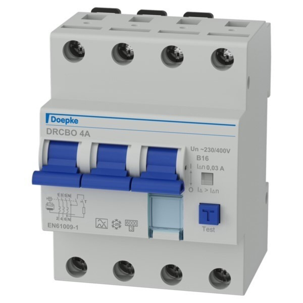 Un interruttore automatico Doepke DRCBO 4A bianco con tre interruttori blu e un pulsante di test blu.