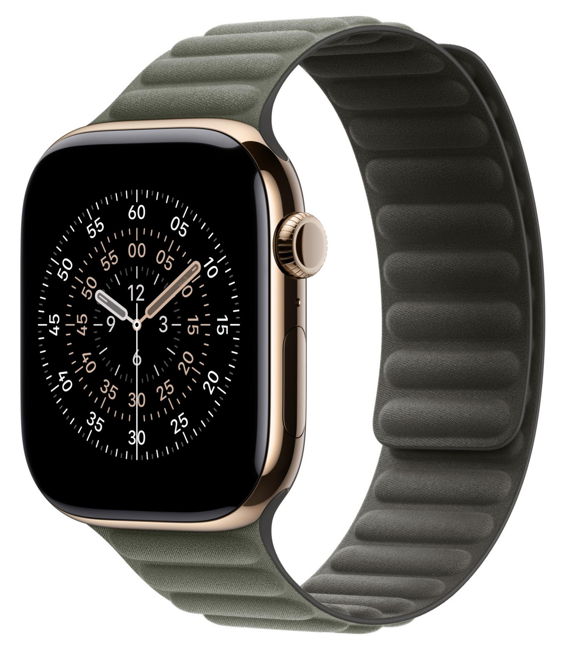Uno smartwatch dorato con cinturino in tessuto verde e quadrante nero.