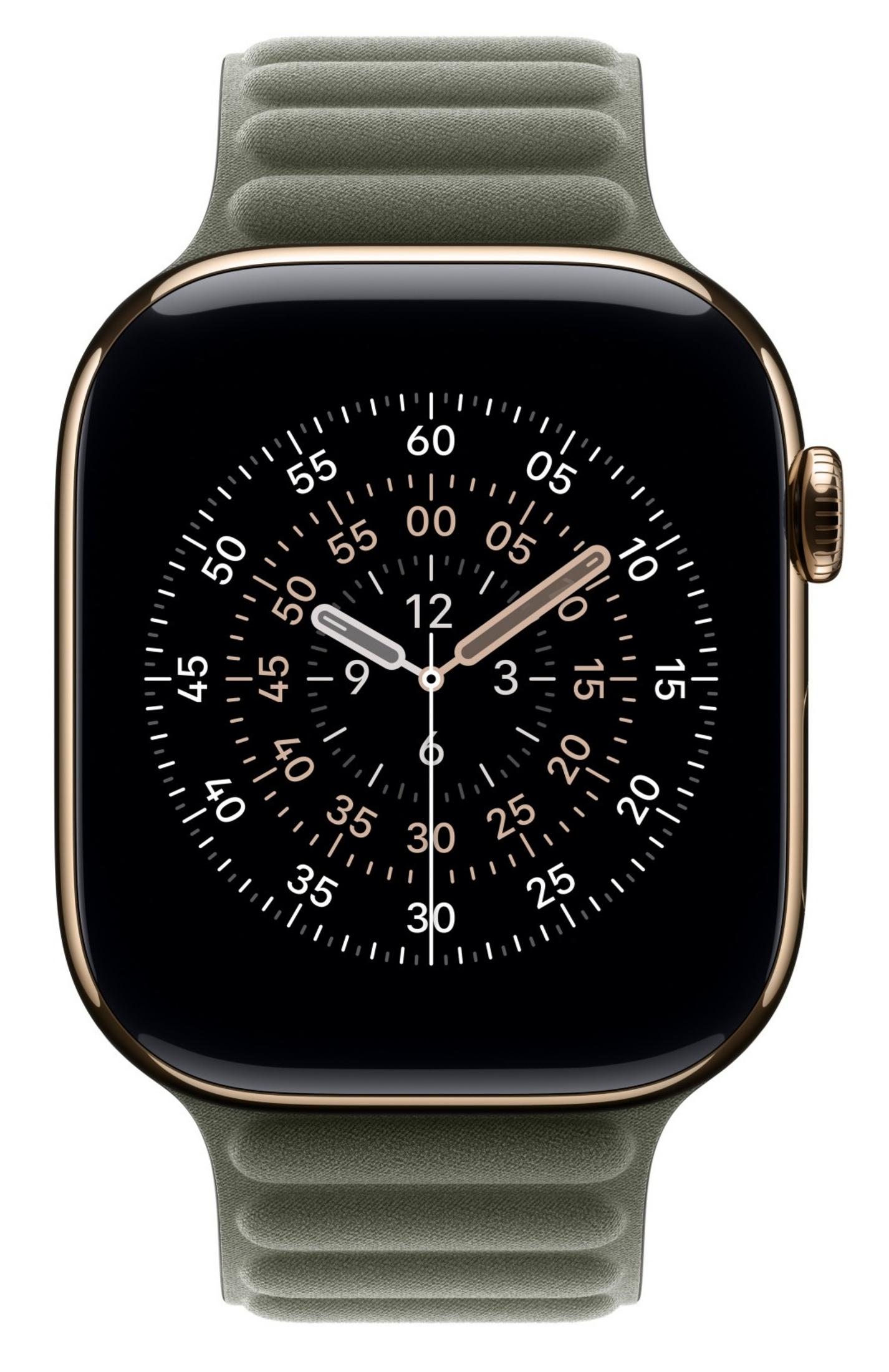 Uno smartwatch dorato con cinturino verde mostra schermo nero con quadrante.