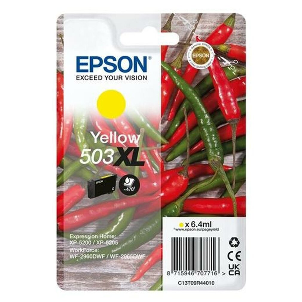 Żółty tusz Epson 503XL z czerwonymi i zielonymi papryczkami chili.