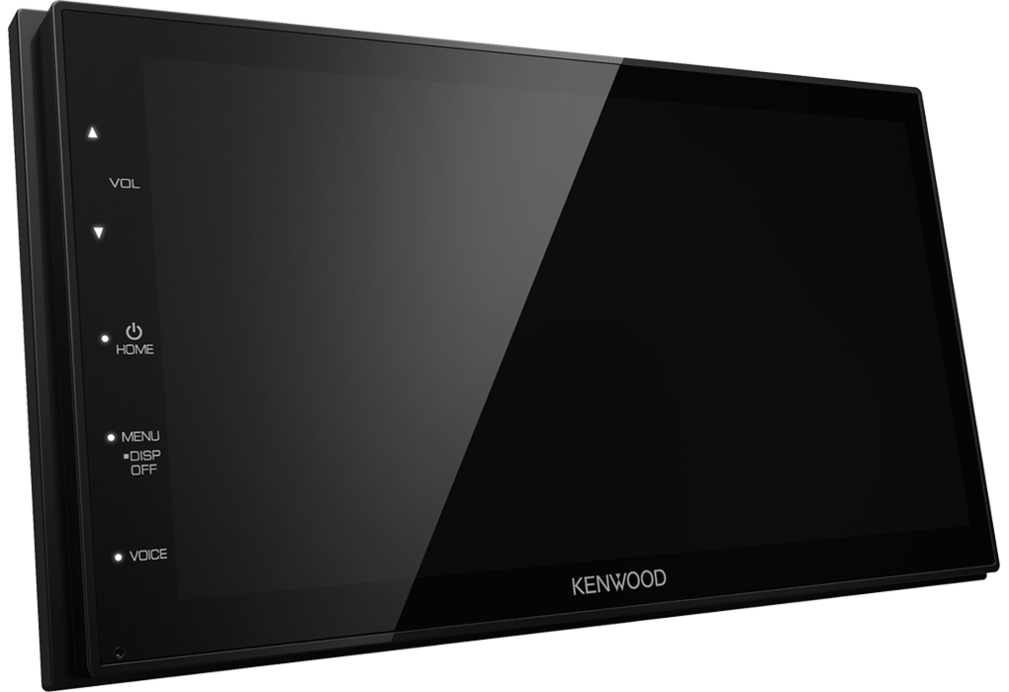Écran stéréo de voiture Kenwood noir avec commandes tactiles et étiquettes.