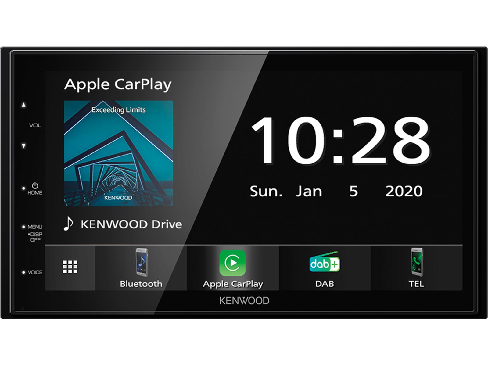 Système d'infodivertissement de voiture affichant Apple CarPlay, heure 10:28 et date dim. 5 janv. 2020.
