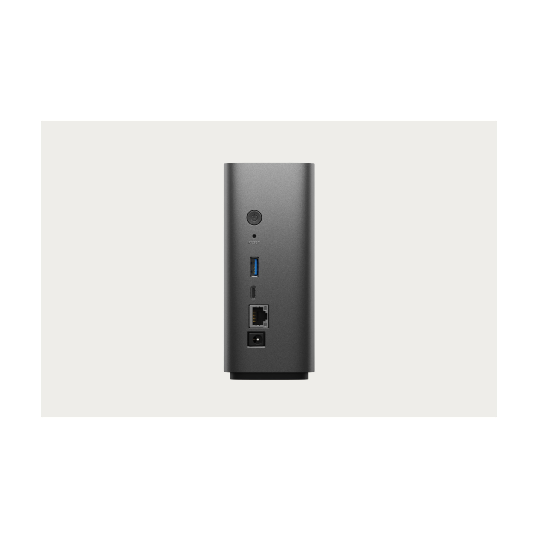 Modem grigio con porte di alimentazione, reset, USB-A, USB-C, Ethernet e alimentazione.