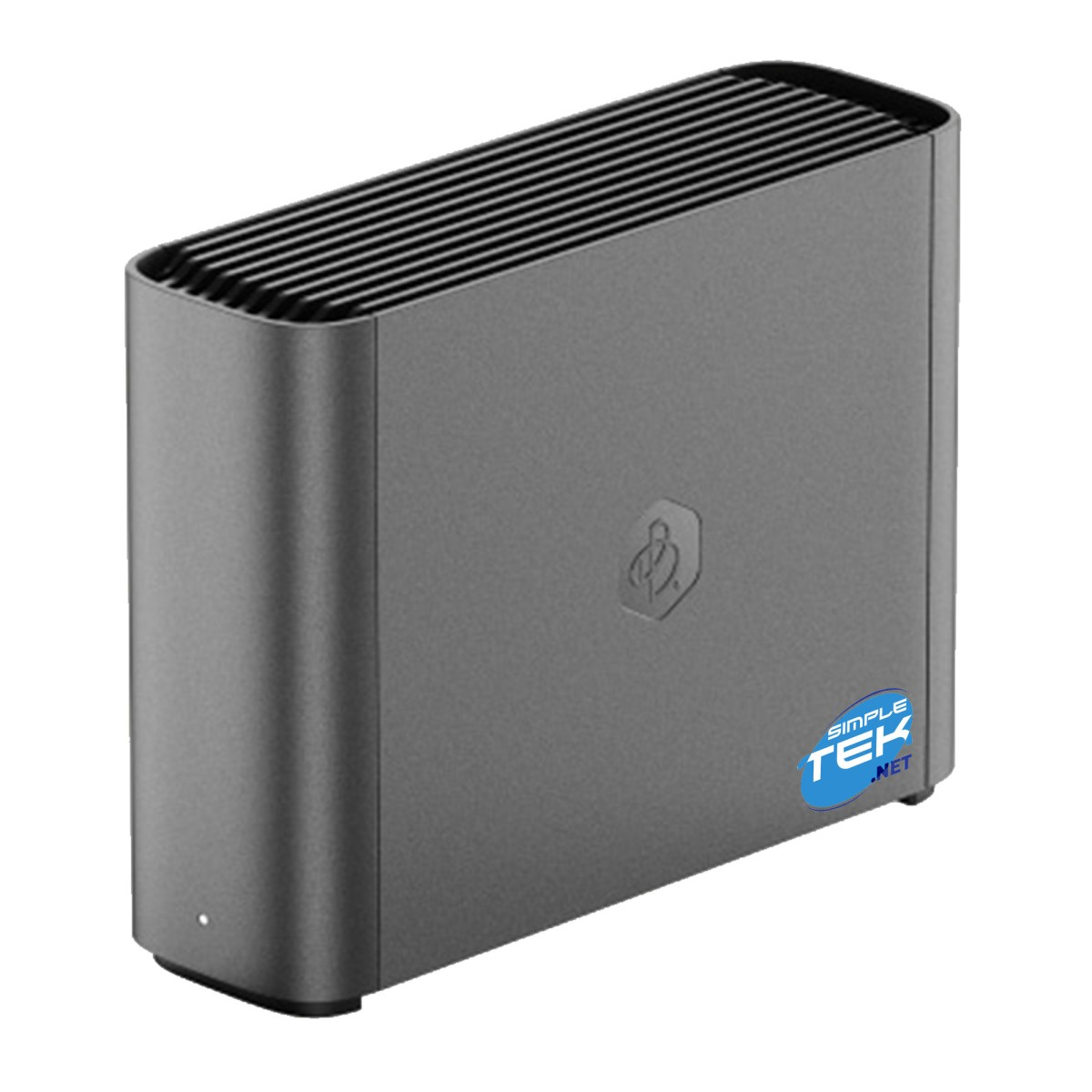 Un hard disk esterno grigio con parte superiore a coste e logo frontale.