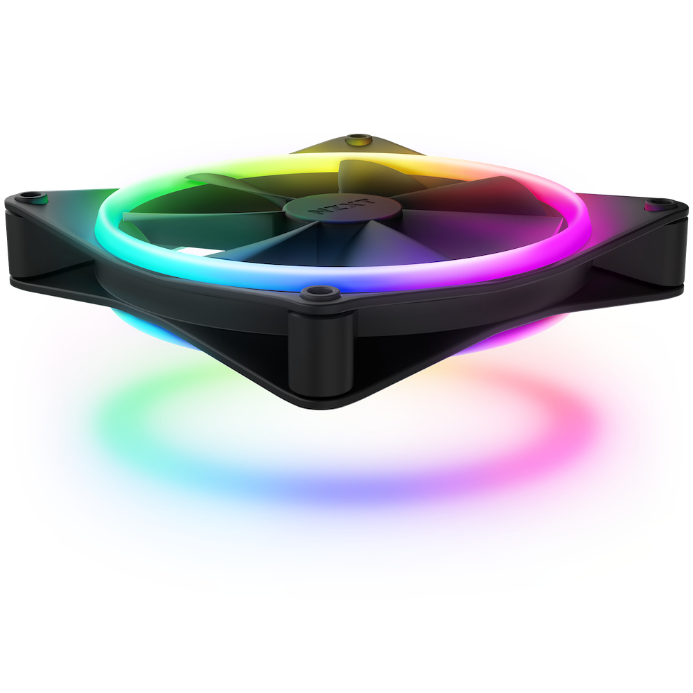 A black computer fan with colorful RGB lighting on a white background.