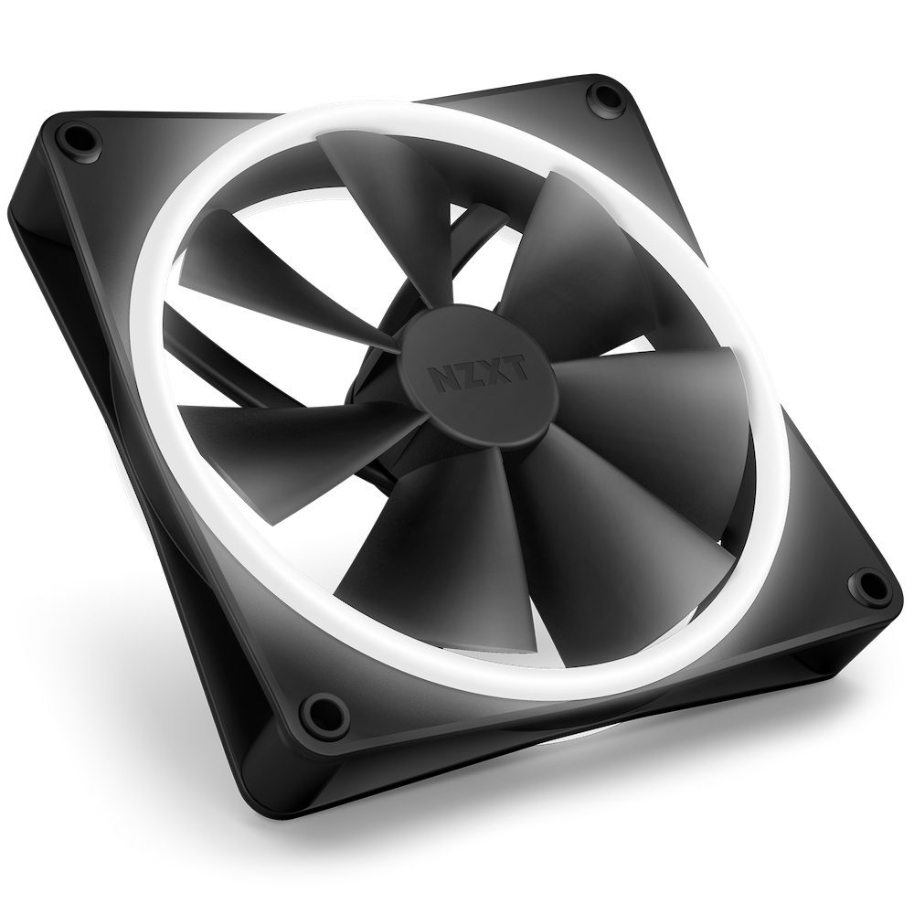 Black computer fan with white LEDs and NZXT logo in the center.