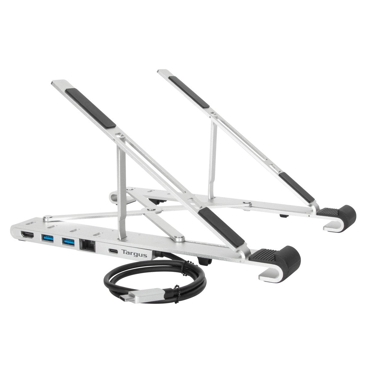 Supporto argento Targus per laptop con porte USB e cavo USB-C arrotolato.