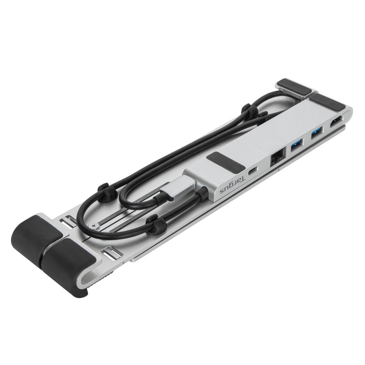 Un supporto argento Targus per laptop con porte USB e cavi, su sfondo bianco.