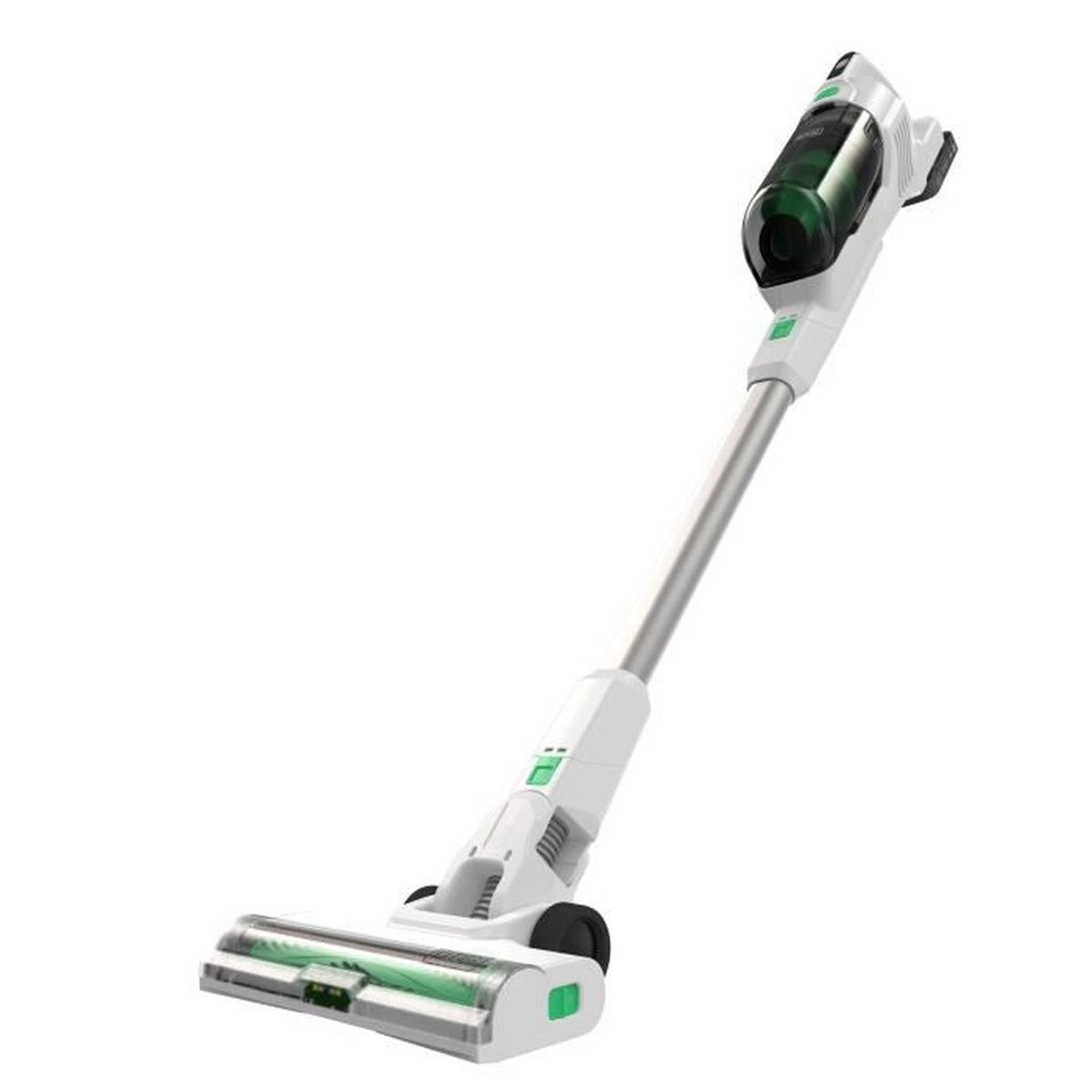 A white and green cordless vacuum cleaner with a transparent dustbin is shown on a white background.