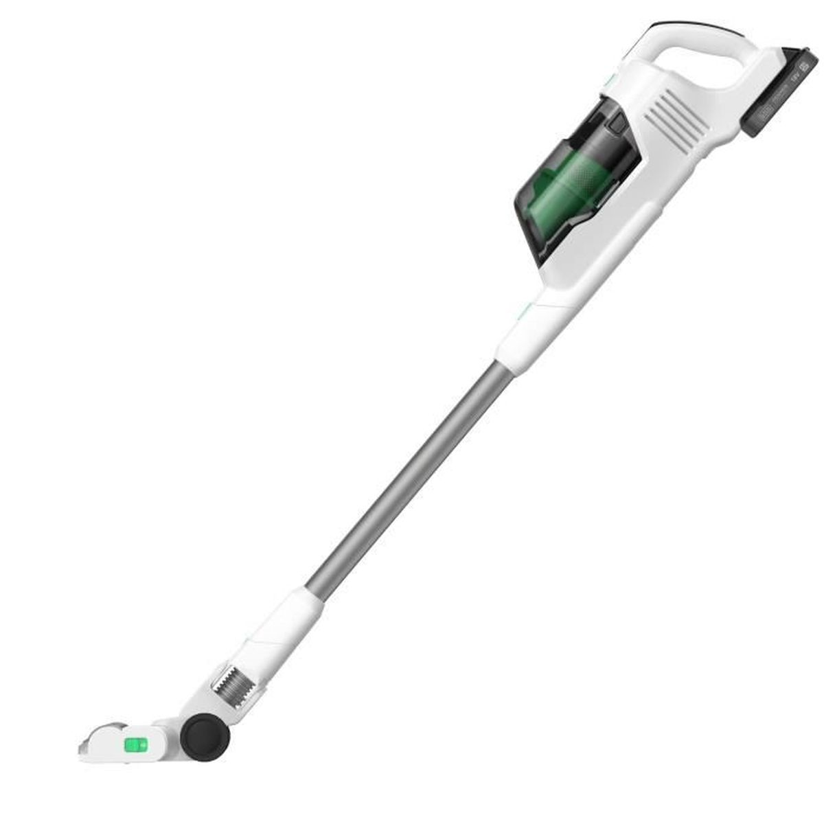 A white cordless vacuum cleaner with a transparent dustbin and a green filter.