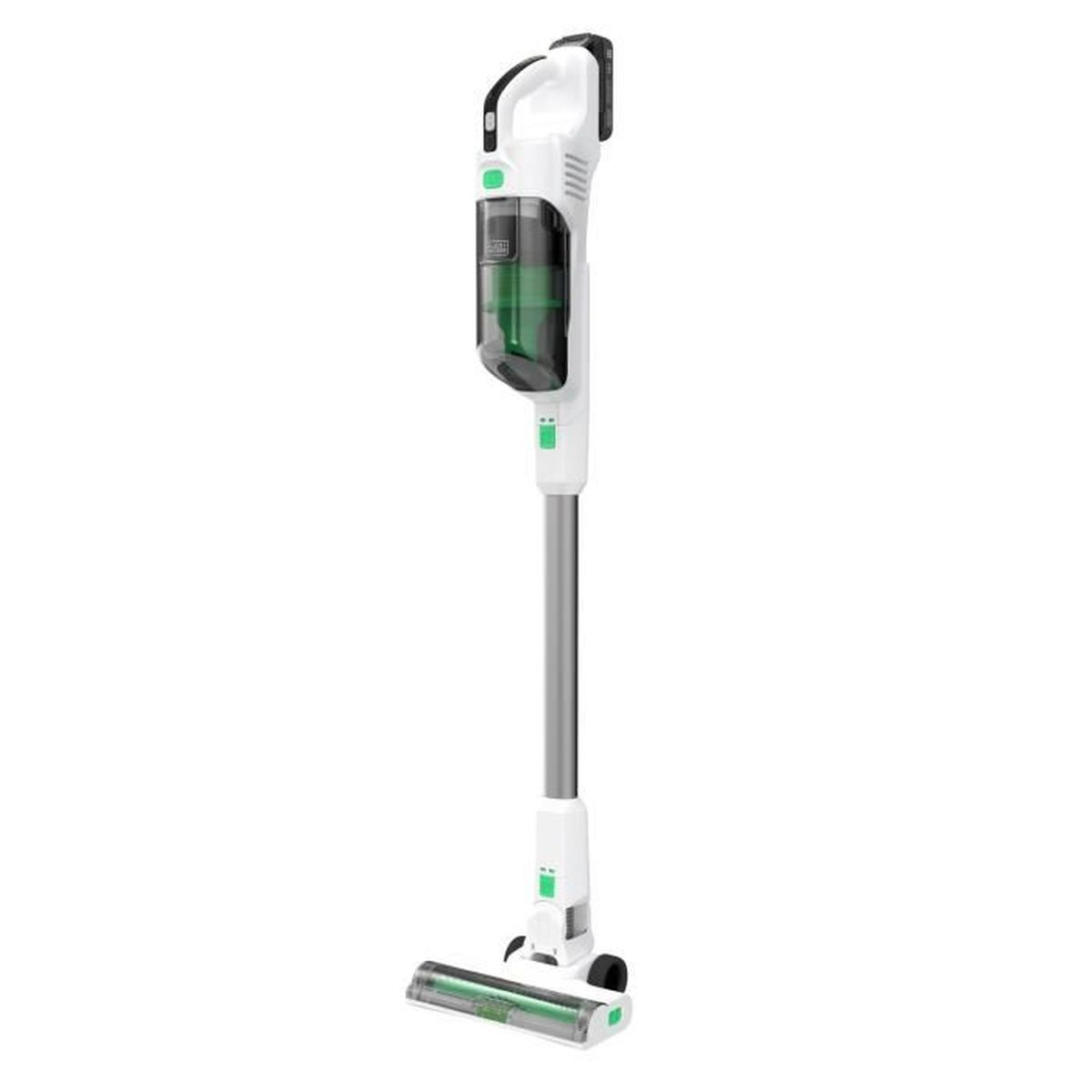 A white and green cordless stick vacuum cleaner with a transparent dustbin.