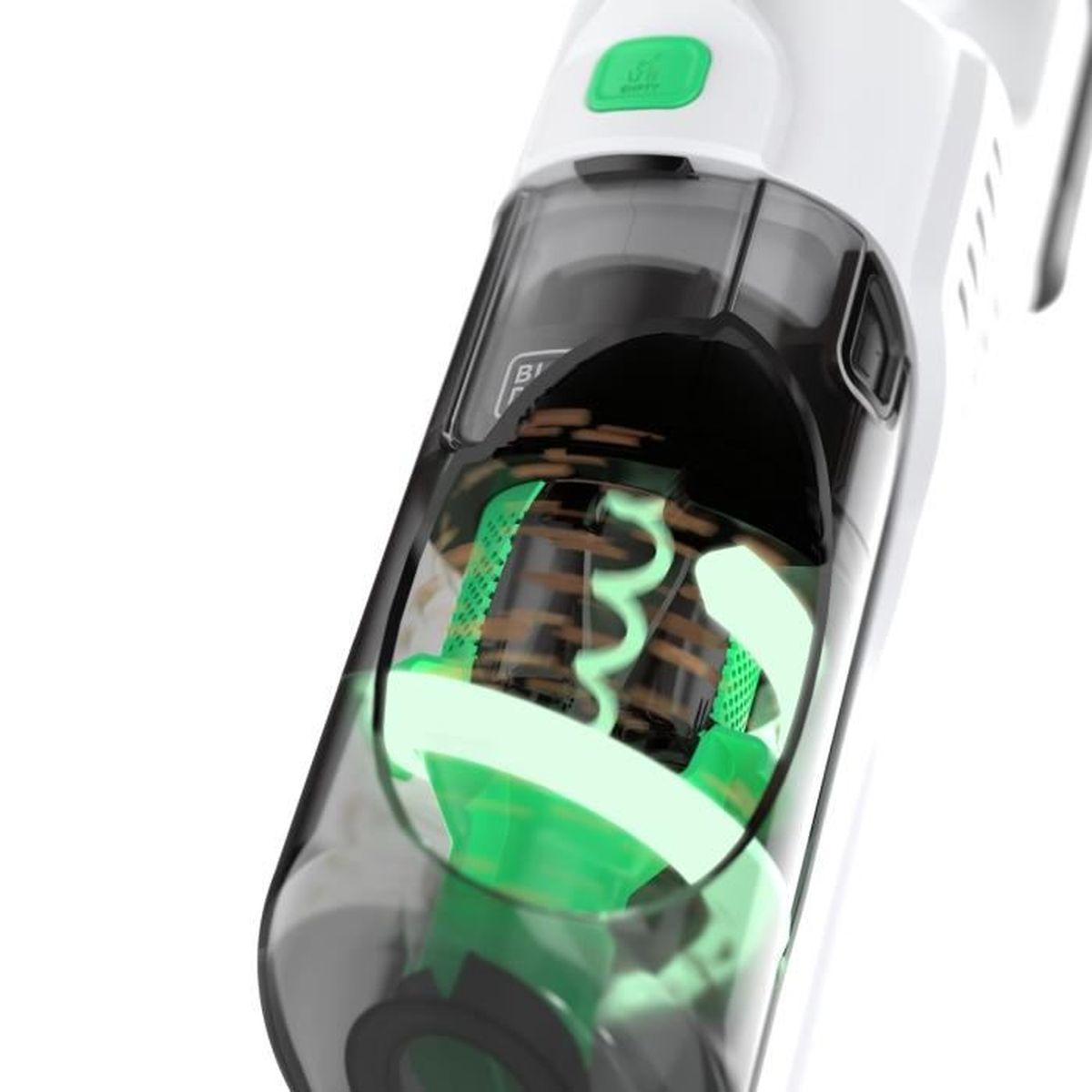 Close-up of a transparent dustbin with green filters and a swirling pattern.