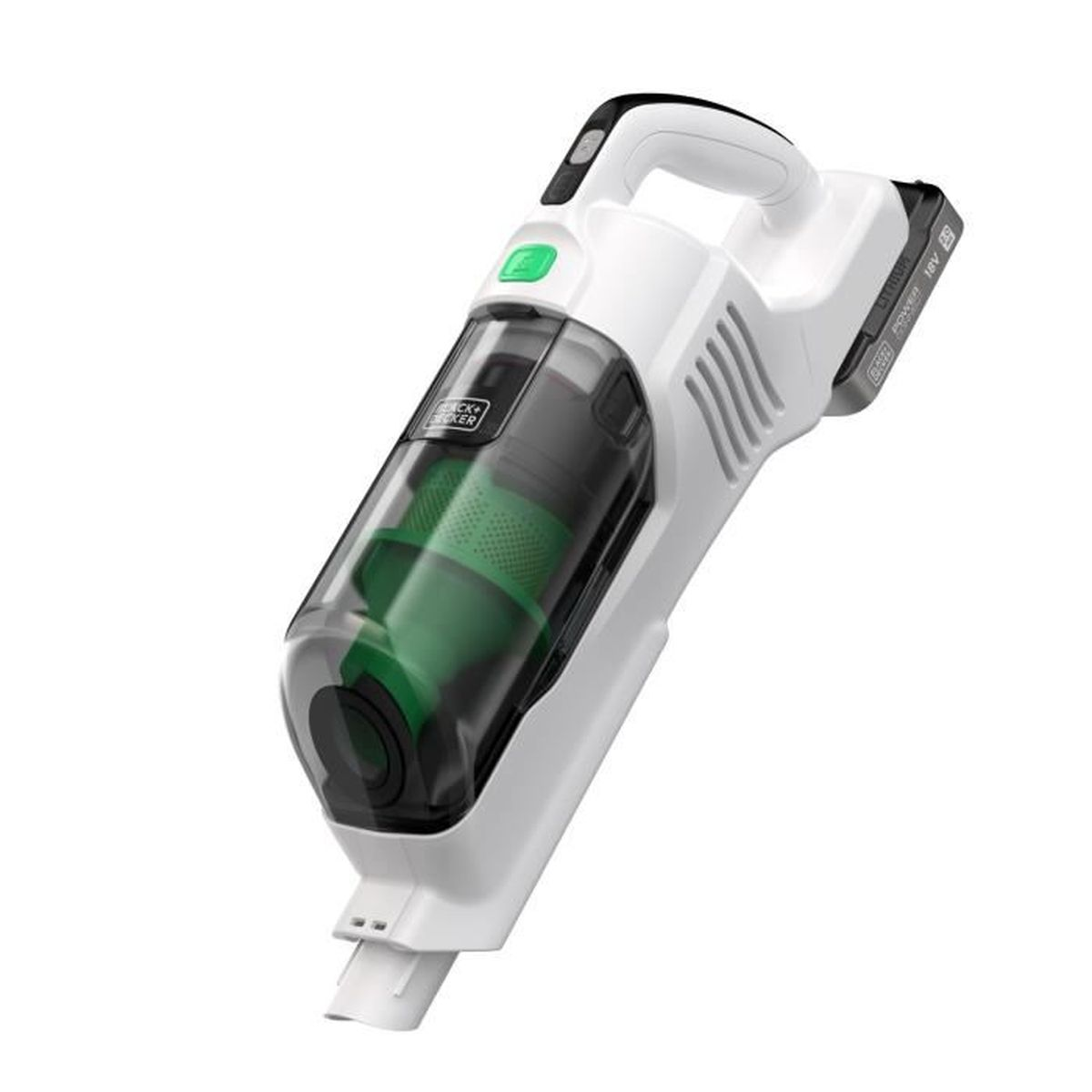 A white handheld vacuum cleaner with a black handle and green filter.