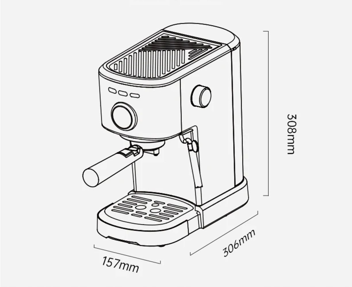 Dibujo lineal de una cafetera espresso compacta con dimensiones 308 mm alto, 306 mm ancho, 157 mm prof.