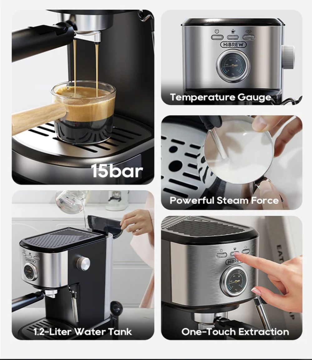 Máquina de espresso preparando café, con primeros planos de indicador, vapor, depósito y botón.