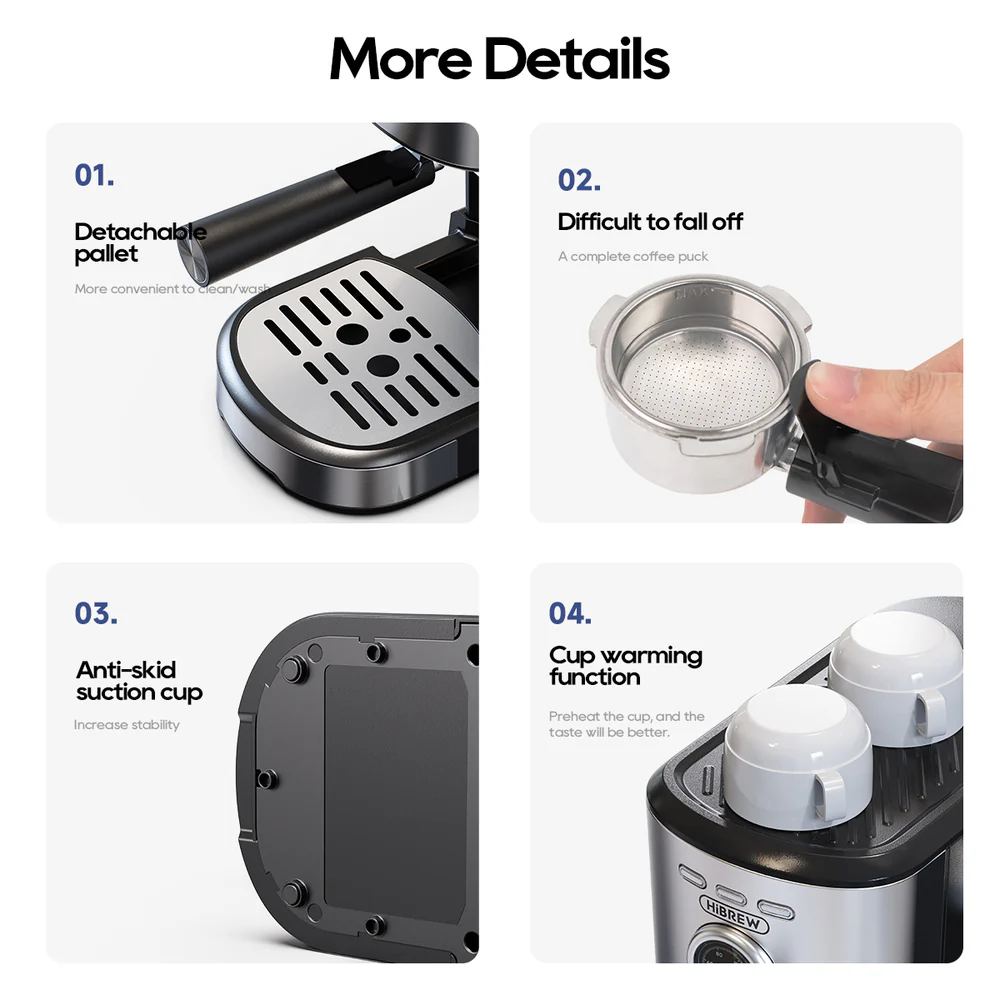 Colage de detalles de la cafetera: bandeja de goteo, portafiltro, base y calentador de tazas.