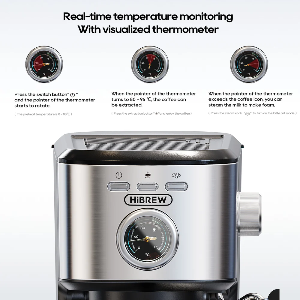 Máquina de café con termómetro mostrando temperaturas de preparación y vapor.