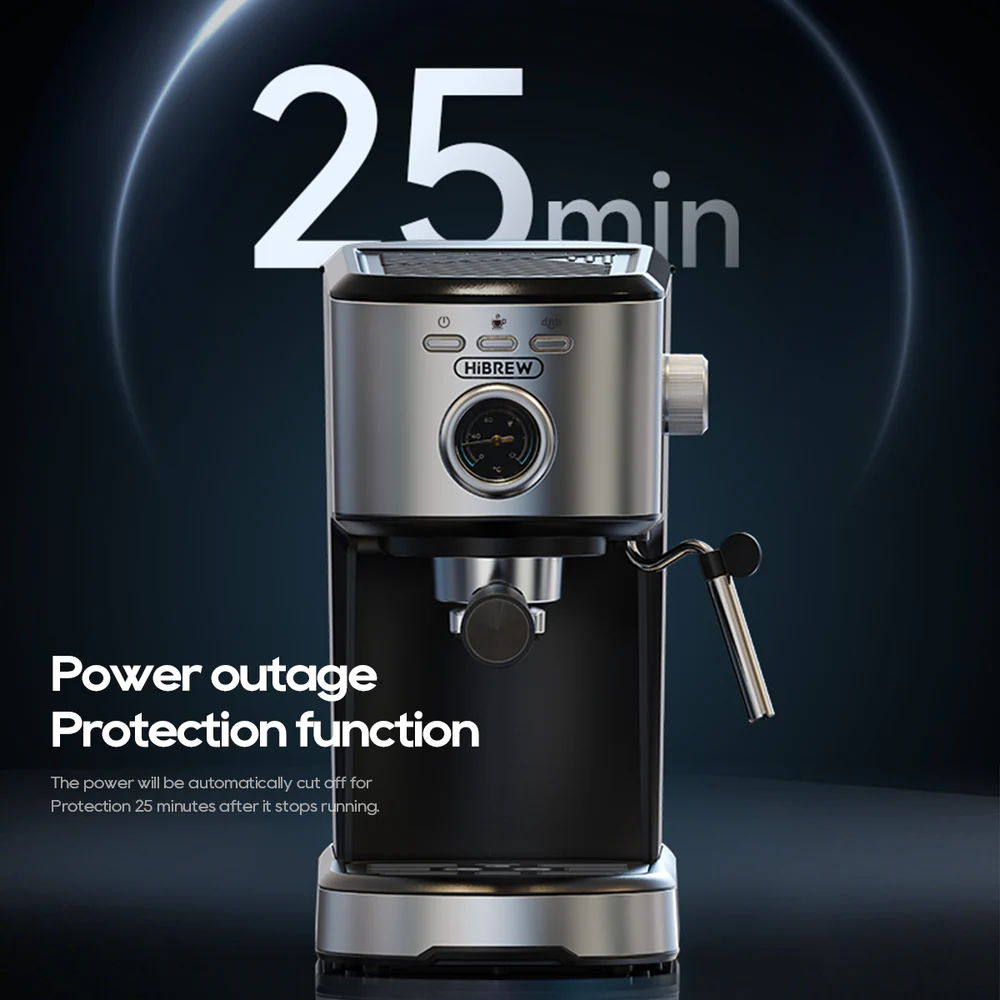 Macchina per espresso argento e nera con testo "25 min" e "Power outage Protection".