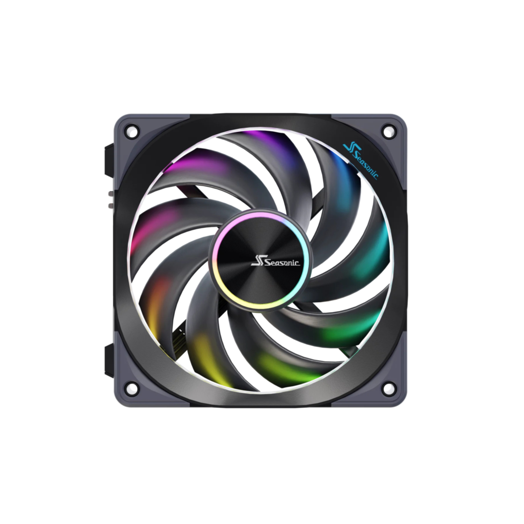 Ventola nera con illuminazione RGB su pale e logo. Sfondo bianco.