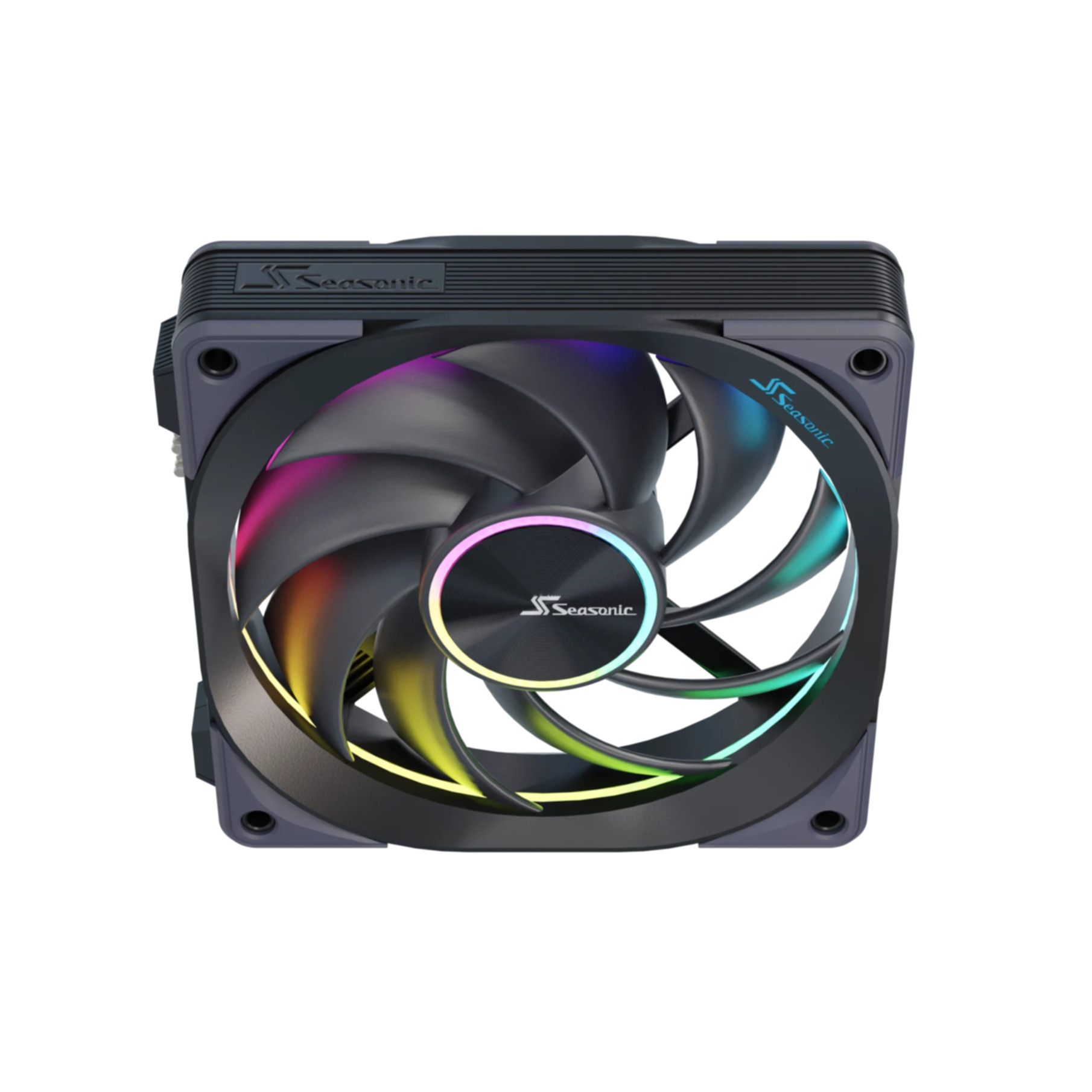 Una ventola CPU nera con pale illuminate RGB, con logo Seasonic.