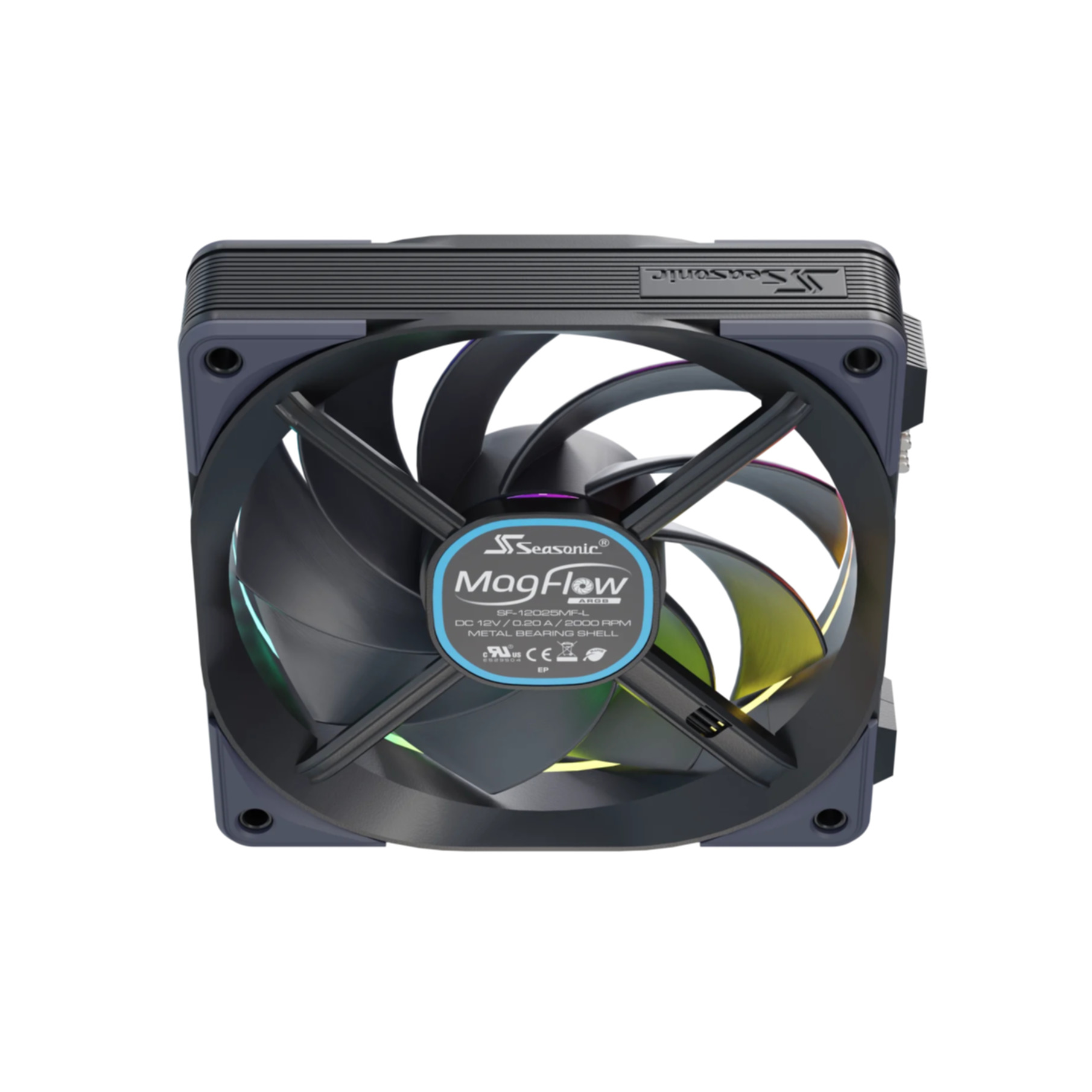 Una ventola per PC nera con illuminazione ARGB e logo Seasonic MagFlow.